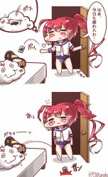 Rule 34 | 10s, 1girl, :3, ahoge, cellphone, character doll, comic, commentary request, crying, crying with eyes open, failure penguin, flying sweatdrops, highres, i-168 (kancolle), kantai collection, long hair, miss cloud, phone, ponytail, red eyes, red hair, school swimsuit, school uniform, serafuku, smartphone, swimsuit, swimsuit under clothes, tanaka kusao, tears, throwing, translation request, twitter username, very long hair