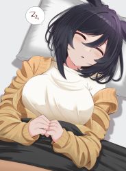 Rule 34 | 1girl, animal ears, bed sheet, black hair, blush, breasts, brown sweater, cardigan, eishin flash (umamusume), highres, horse ears, large breasts, lying, messy hair, on back, on bed, open cardigan, open clothes, ryouta (ryouta335), shirt, short hair, sleeping, solo, spoken zzz, sweater, umamusume, white shirt, zzz