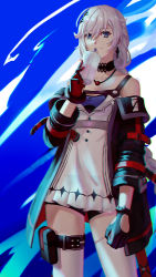 Rule 34 | 1girl, black gloves, black jacket, black shorts, blue background, blue eyes, braid, braided ponytail, closed mouth, cup, dress, drinking straw, earrings, gloves, highres, holding, holding cup, honkai (series), honkai impact 3rd, jacket, jewelry, kallen kaslana, kallen kaslana (sin hunter), long hair, long sleeves, looking at viewer, nukw27, off shoulder, shorts, smile, solo, thighhighs, white dress, white hair, white thighhighs
