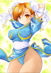 Rule 34 | 1girl, arms behind head, bracelet, breasts, brown eyes, brown hair, brown pantyhose, bun cover, capcom, china dress, chinese clothes, chun-li, cowboy shot, double bun, dress, gradient background, green background, hair bun, jewelry, large breasts, medium breasts, nightmare77zx, pantyhose, pelvic curtain, sash, solo, spiked bracelet, spikes, street fighter, street fighter ii (series)
