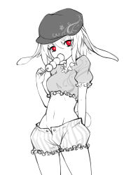 Rule 34 | 1girl, animal ears, cowboy shot, crop top, dango, eating, floppy ears, food, greyscale, hat, highres, hip bones, looking at viewer, midriff, monochrome, navel, puffy short sleeves, puffy sleeves, rabbit ears, rabbit tail, raptor7, red eyes, ringo (touhou), short hair, short shorts, short sleeves, shorts, solo, spot color, standing, striped, tail, touhou, wagashi