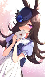 Rule 34 | 1girl, animal ears, blouse, blue bow, blue flower, blue hat, blue rose, blue shirt, blush, bow, brown hair, commentary request, covered mouth, envelope, flower, hair over one eye, hands up, hat, hat flower, highres, holding, holding envelope, horse ears, horse girl, horse tail, long hair, looking at viewer, pleated skirt, puffy short sleeves, puffy sleeves, purple eyes, purple shirt, rice shower (umamusume), ringo sui, rose, school uniform, shirt, short sleeves, skirt, solo, tail, tilted headwear, tracen school uniform, umamusume, very long hair, white skirt