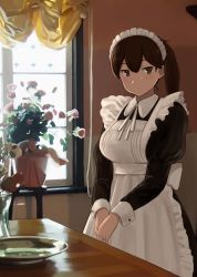 Rule 34 | 1girl, alternate costume, bad id, bad twitter id, breasts, brown eyes, brown hair, cowboy shot, enmaided, fuyube gin (huyube), hairband, highres, indoors, kaga (kancolle), kantai collection, large breasts, looking at viewer, maid, own hands together, plant, plate, side ponytail, solo, standing, victorian maid