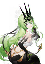 Rule 34 | 1girl, absurdres, ass, back, backless dress, backless outfit, black dress, black gloves, butt crack, claw ring, closed mouth, crown, dress, elbow gloves, gloves, green eyes, green hair, hair between eyes, highres, honkai (series), honkai impact 3rd, long hair, looking at viewer, looking back, mobius (honkai impact), simple background, sleeveless, sleeveless dress, smile, solo, wavy hair, white background, yushe quetzalli