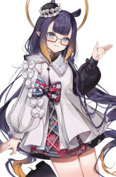 Rule 34 | 1girl, arm at side, back bow, black-framed eyewear, blue bow, blue eyes, bow, brown hair, clothing request, commentary, cowboy shot, floral print, glasses, hair bow, halo, hand up, highres, hololive, hololive english, long hair, long sleeves, looking at viewer, machi (7769), mole, mole under eye, multicolored bow, multicolored hair, ninomae ina&#039;nis, ninomae ina&#039;nis (party dress), official alternate costume, parted lips, pointy ears, puffy long sleeves, puffy sleeves, purple hair, red bow, smile, solo, teeth, tentacle hair, tentacles, very long hair, virtual youtuber, white bow