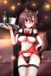 Rule 34 | 1girl, @ @, absurdres, animal ears, bare shoulders, breasts, brooch, brown hair, rabbit ears, commentary, commentary request, dress, embarrassed, extra ears, fake animal ears, fingernails, groin, highres, imaizumi kagerou, jewelry, large breasts, long hair, looking at viewer, midriff, muki (munikichan), navel, off-shoulder dress, off shoulder, red eyes, solo, tail, touhou, underboob, wavy mouth, wolf ears, wolf tail