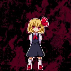 Rule 34 | 1girl, arms behind back, bad id, bad pixiv id, blonde hair, embodiment of scarlet devil, female focus, hair ribbon, lowres, necktie, pixel art, red eyes, ribbon, rumia, short hair, solo, tome (wolf), touhou