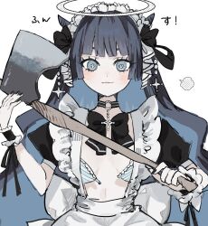 Rule 34 | 1girl, :3, apron, axe, black bow, black bowtie, black choker, black hair, black nails, blue bra, blue eyes, blue hair, blush, bow, bowtie, bra, choker, closed mouth, colored inner hair, detached sleeves, dot nose, frilled apron, frills, front-tie bra, hair bow, halo, highres, holding, holding axe, inu totemo, long hair, looking at viewer, maid, maid headdress, multicolored hair, nail polish, o-ring, o-ring choker, original, pendant choker, puffy short sleeves, puffy sleeves, ribbon, short sleeves, simple background, smile, solo, straight-on, striped bra, striped choker, striped clothes, two-tone hair, underwear, undone bra, upper body, very long hair, white apron, white background, white ribbon, wrist cuffs