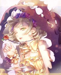 Rule 34 | 1girl, blonde hair, briar rose (sinoalice), doro (sabarudoro), flower, frills, green eyes, head wreath, jewelry, looking away, necklace, one eye closed, pajamas, plant, ribbon, short hair, signature, simple background, sinoalice, solo, sparkle, thorns, tired, vines, wrist cuffs