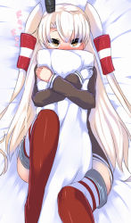 Rule 34 | 10s, 1girl, amatsukaze (kancolle), blonde hair, blush, body pillow, brown dress, dress, hair tubes, hairband, hugging object, kantai collection, long hair, looking at viewer, lying, on back, pillow, pillow hug, red thighhighs, solo, striped clothes, striped thighhighs, tenken (gotannda), thighhighs, twintails, two side up, yellow eyes
