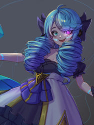 Rule 34 | 1girl, ahoge, arainekozz, blush, collarbone, cropped, diffraction spikes, dress, drill hair, frills, glowing, glowing eyes, green eyes, grey background, gwen (league of legends), heterochromia, league of legends, long hair, open mouth, purple eyes, scissors, simple background, smile, solo, stitches, string, twitter username, white dress