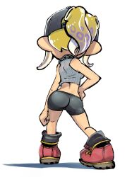 Rule 34 | 1girl, ass, baseball cap, bike shorts, blonde hair, chain, chain necklace, commentary request, crop top, from behind, full body, grey shirt, hand on own hip, hat, highres, jewelry, multicolored hair, muramasa mikado, necklace, nintendo, octoling, octoling girl, octoling player character, ponytail, purple hair, red footwear, shadow, shirt, shoes, short hair, simple background, solo, splatoon (series), splatoon 3, standing, tentacle hair, two-tone hair, white background