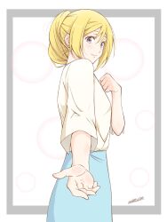 Rule 34 | 1girl, alicia florence, andanden, aria (manga), blonde hair, blue skirt, blush, closed mouth, earrings, eyelashes, feet out of frame, foreshortening, hair between eyes, hair over shoulder, hand up, highres, jewelry, long sleeves, official alternate costume, outstretched arm, purple eyes, sidelocks, signature, skirt, smile, solo, standing