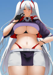 1girl absurdres axicoi azur_lane black_gloves blue_sky blush breasts from_below gloves hand_on_own_hip highres large_breasts long_hair looking_at_viewer multicolored_hair navel official_alternate_costume orange_eyes prinz_eugen_(azur_lane) prinz_eugen_(final_lap)_(azur_lane) race_queen silver_hair simple_background sky solo standing twintails underboob