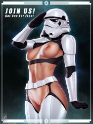 Rule 34 | 1girl, arm at side, arm up, belt, cleft of venus, covered erect nipples, cowboy shot, english text, groin, helmet, highres, leotard, navel, nipples, pussy, salute, solo, star (symbol), star wars, starry background, stormtrooper, themaestronoob, thighhighs, watermark, web address, white belt, white thighhighs