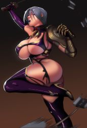 Rule 34 | 1girl, ass, boots, breasts, cleavage, commentary, elbow gloves, english commentary, eyeshadow, gauntlets, gloves, gorget, high heel boots, high heels, holding, holding sword, holding weapon, huge breasts, isabella valentine, leg ribbon, lipstick, makeup, morganagod, one eye closed, purple footwear, purple gloves, purple lips, revealing clothes, ribbon, short hair, silver hair, single elbow glove, single gauntlet, solo, soul calibur, soulcalibur, soulcalibur iv, sword, thick thighs, thigh boots, thigh ribbon, thighhighs, thighs, underboob, weapon, whip sword