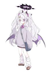 Rule 34 | 1girl, ahoge, blue archive, bow, demon girl, demon horns, demon wings, hair ornament, hairclip, halo, highres, hina (blue archive), horns, loafers, long hair, loose socks, low wings, multiple horns, oversized clothes, parted bangs, purple bow, purple eyes, sentouryoku 5, shoes, simple background, skirt, sleeves past fingers, sleeves past wrists, socks, solo, sweater, twintails, white background, white hair, white socks, wings
