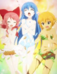 Rule 34 | 3girls, :o, absurdres, bahamut (zettai bouei leviathan), bare shoulders, belt, black legwear, blonde hair, blue hair, bow, boyshort panties, bra, breasts, camisole, cleavage, clenched hands, closed eyes, covering privates, covering breasts, dress, embarrassed, flat chest, gem, gradient background, green eyes, hat, highres, jormungandr (zettai bouei leviathan), leaf, leviathan (zettai bouei leviathan), light particles, long hair, looking down, micro shorts, midriff, multiple girls, navel, no shirt, orange hair, pink hair, rainbow background, scales, screencap, shirt, short hair, short shorts, shorts, skirt, small breasts, sparkle, standing, strapless, strapless bra, surprised, thighhighs, torn clothes, torn dress, torn legwear, torn shirt, torn shorts, torn skirt, underwear, very long hair, watermark, wince, zettai bouei leviathan