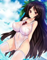 Rule 34 | 1girl, alternate costume, between breasts, black hair, blush, bow, breasts, covered navel, day, dutch angle, ebi 193, hair bow, impossible clothes, impossible swimsuit, large breasts, long hair, looking at viewer, one-piece swimsuit, red eyes, reiuji utsuho, school swimsuit, smile, solo, swimsuit, thighhighs, touhou, very long hair, wading, water, wet, white school swimsuit, white one-piece swimsuit, white thighhighs, wings