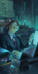 Rule 34 | 1boy, ashtray, black hair, business suit, cigarette, city, computer, emet-selch, final fantasy, final fantasy xiv, formal, highres, holding, holding cigarette, indoors, laptop, male focus, monitor, multicolored hair, necktie, short hair, solo, suit, third eye, two-tone hair, watch, wristwatch, yellow eyes, zxin