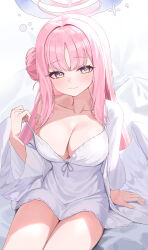 Rule 34 | 1girl, blue archive, breasts, cleavage, large breasts, long hair, looking at viewer, mika (blue archive), pink hair, sgholln, sitting, smile, solo, wings, yellow eyes