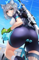 Rule 34 | 1girl, absurdres, animal ear fluff, ass, ass focus, assault rifle, bicycle, bike shorts, blue archive, blue eyes, blue sky, bottle, breasts, cross hair ornament, from behind, from below, gloves, green gloves, grey hair, gun, gun on back, hair ornament, halo, highres, holding, holding bottle, looking at viewer, looking back, medium breasts, parted lips, riding, riding bicycle, rifle, shiroko (blue archive), shiroko (cycling) (blue archive), sig sauer 556, sky, sniper rifle, solo, water bottle, weapon, weapon on back, yamaha tsui