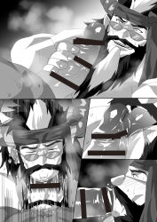 Rule 34 | 2boys, bara, beard, censored, character request, copyright request, deepthroat, erection, facial hair, fellatio, glasses, highres, large penis, male focus, monochrome, multiple boys, muscular, naughty face, oral, penis, penis grab, saliva, skn nk, smile, steam, wince, yaoi