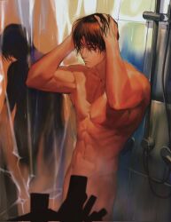 Rule 34 | 2boys, bathroom, brown hair, completely nude, convenient censoring, cowboy shot, hair down, hands in hair, hands up, highres, indoors, kusanagi kyou, lomizuki, looking at another, male focus, multiple boys, navel, nude, red hair, see-through silhouette, showering, sideways glance, silhouette, standing, steam, the king of fighters, tile wall, tiles, toned, toned male, wet, wet hair, yagami iori
