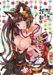 Rule 34 | 1girl, :3, :d, animal, animal ear fluff, animal ears, bare shoulders, bell, blue eyes, blush, bow, breasts, brown hair, chinese zodiac, cleavage, collarbone, commentary request, daruma doll, dog, dog ears, dog girl, dog tail, fang, fingernails, floral print, hair bow, hair ornament, head tilt, headpat, high ponytail, japanese clothes, jingle bell, kimono, long hair, long sleeves, looking at viewer, medium breasts, nail polish, new year, official art, open mouth, original, pink nails, platform footwear, ponytail, print kimono, red bow, red kimono, sandals, smile, socks, solo, spinning top, squatting, tabi, tail, usagihime, very long hair, white socks, wide sleeves, year of the dog, zouri