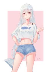Rule 34 | 1girl, absurdres, arknights, bare shoulders, blue shorts, bra strap, chinese commentary, commentary request, cowboy shot, crop top, crop top overhang, hair between eyes, hair ornament, hand on own hip, hand up, highres, long hair, looking at viewer, low-tied long hair, midriff, navel, no headwear, off-shoulder shirt, off shoulder, parted lips, red eyes, shirt, short shorts, short sleeves, shorts, signature, silver hair, sing shuixing, skadi (arknights), solo, standing, stomach, thighs, very long hair, white shirt, x hair ornament