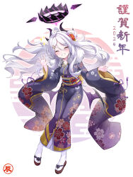 Rule 34 | 2024, absurdres, blue archive, closed eyes, highres, hina (blue archive), japanese clothes, kimono, looking at viewer, new year, sandals, shiranui (nisioisin sinob), smile, white hair, wide sleeves, zouri