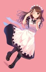 Rule 34 | 1girl, ;), alternate costume, apron, black dress, black pantyhose, black ribbon, blush, breasts, brown eyes, brown footwear, brown hair, closed mouth, dress, dutch angle, enmaided, fingernails, frilled apron, frills, full body, hand up, idolmaster, idolmaster cinderella girls, kamille (vcx68), leg up, loafers, long fingernails, long hair, maid, maid headdress, medium breasts, nail polish, neck ribbon, one eye closed, pantyhose, pink background, puffy short sleeves, puffy sleeves, ribbon, ribbon-trimmed sleeves, ribbon trim, shimamura uzuki, shoes, short sleeves, simple background, smile, solo, standing, standing on one leg, white apron, yellow nails