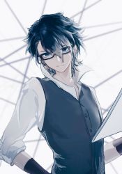 Rule 34 | 1boy, bishounen, black hair, buttons, fushimi saruhiko, glasses, hair between eyes, highres, k-project, looking at viewer, male focus, shenron14437, shirt, solo, standing, upper body