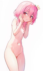 Rule 34 | 1girl, cleft of venus, closed mouth, completely nude, cowboy shot, flat chest, hair between eyes, hair ornament, hands on own cheeks, hands on own face, highres, navel, nijisanji, nijisanji en, nipples, nude, pink hair, pussy, red eyes, rosemi lovelock, simple background, solo, uncensored, virtual youtuber, white background, zoryc