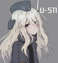 Rule 34 | 1girl, black dress, blonde hair, blue eyes, blush, character name, commentary request, cropped jacket, dress, garrison cap, grey background, grey hat, grey jacket, hat, highres, jacket, kantai collection, long hair, puffy short sleeves, puffy sleeves, short sleeves, simple background, solo, takanashi kei (hitsujikan), u-511 (kancolle), upper body
