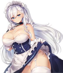 Rule 34 | 1girl, apron, areola slip, azur lane, bad id, bad pixiv id, belfast (azur lane), bird, blue dress, blue eyes, braid, breasts, cameltoe, chain, cleavage, clothes lift, collar, collarbone, dress, dress lift, french braid, frills, garter belt, garter straps, gloves, hair between eyes, hip focus, large breasts, long hair, looking at viewer, maid apron, maid headdress, panties, pokoten (pokoten718), shadow, shiny skin, side-tie panties, simple background, skirt hold, smile, solo, thighhighs, underwear, white background, white gloves, white hair, white panties, white thighhighs