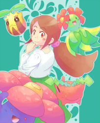 Rule 34 | 1girl, :d, aroma lady (pokemon), bellossom, blush, brown eyes, brown hair, closed mouth, commentary request, creature, creatures (company), game freak, gen 1 pokemon, gen 2 pokemon, green background, hoppip, long hair, long sleeves, looking at viewer, nintendo, open mouth, pokemon, pokemon (creature), pokemon dppt, ponytail, sidelocks, simple background, smile, sunkern, toge nbo, vileplume