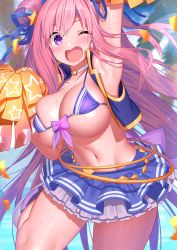 Rule 34 | 1girl, akusema, arm up, armpits, bikini, bikini top only, blue ribbon, blurry, blurry background, blurry foreground, blush, breasts, cheerleader, choker, cleavage, collarbone, day, hair between eyes, hair ornament, hair ribbon, hair rings, hand up, hatsune (princess connect!), hatsune (summer) (princess connect!), highres, holding, holding pom poms, large breasts, long hair, looking at viewer, micro bikini, miniskirt, navel, one eye closed, open mouth, outdoors, palm tree, pink hair, pleated skirt, pom pom (cheerleading), pom poms, princess connect!, purple eyes, ribbon, shiny skin, skirt, smile, solo, sparkle, standing, standing on one leg, star (symbol), star hair ornament, string bikini, sweat, swimsuit, thighs, tree, underboob, water