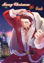 Rule 34 | 1boy, absurdres, alternate costume, blue eyes, brown hair, christmas, cigar, facial hair, fate/grand order, fate (series), goatee, hat, highres, icelernd, long sideburns, long sleeves, male focus, merry christmas, muscular, napoleon bonaparte (fate), pectorals, santa costume, santa hat, sideburns, smile, smoking, solo, unbuttoned