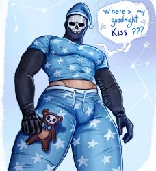 Rule 34 | 1boy, absurdres, bara, black gloves, blue pajamas, blue pants, blue shirt, bulge, call of duty, call of duty: modern warfare 2, cod leech, covered erect nipples, english text, ghost (modern warfare 2), gloves, hat, highres, holding, holding stuffed toy, large pectorals, male focus, mask, muscular, muscular male, pajamas, pants, pectorals, shirt, skull mask, solo, stuffed animal, stuffed toy, teddy bear, thick thighs, thighs, twitter username