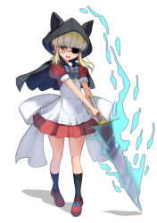 Rule 34 | 1girl, animal hood, blonde hair, blunt bangs, bow, earrings, eyepatch, full body, highres, holding, holding sword, holding weapon, hood, hood up, jewelry, kouno (masao), looking at viewer, open mouth, original, puffy short sleeves, puffy sleeves, short hair with long locks, short sleeves, solo, sword, weapon, white background, yellow eyes