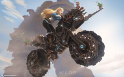 Rule 34 | 1girl, bicycle, blonde hair, blue eyes, earrings, full body, gloves, hair ornament, highres, jewelry, long hair, motor vehicle, motorcycle, nintendo, open mouth, pointy ears, princess zelda, smile, solo, the legend of zelda, the legend of zelda: breath of the wild, vehicle, wlop