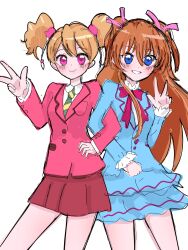 Rule 34 | 2girls, blonde hair, blue eyes, blue jacket, blue skirt, bow, bowtie, diagonal-striped clothes, diagonal-striped necktie, fresh precure!, frilled sleeves, frills, hand on own hip, highres, houjou hibiki, jacket, long hair, looking at viewer, medium hair, momozono love, multiple girls, necktie, parted lips, pink bow, pink bowtie, pink eyes, pink jacket, pink ribbon, pink skirt, precure, red hair, ribbon, shirt, simple background, sketch, skirt, smile, standing, striped clothes, suiso o o, suite precure, twintails, v, white background, white shirt, yellow necktie