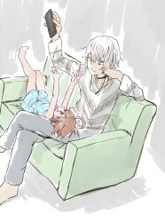 Rule 34 | 10s, 1boy, 1girl, 2018, accelerator (toaru majutsu no index), age difference, ahoge, arms up, bare legs, bare shoulders, barefoot, blue dress, brown eyes, brown hair, child, clone, controller, couch, crossed legs, dress, highres, indoors, last order (toaru majutsu no index), lying, matching hair/eyes, on back, open mouth, polka dot, polka dot dress, red eyes, remote control, short hair, sitting, size difference, sleeveless, teenage boy and younger girl, toaru kagaku no railgun, toaru majutsu no index, toes, white hair, yuuki r01
