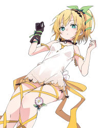 Rule 34 | 1girl, aqua eyes, blonde hair, blush, brown gloves, closed mouth, collarbone, edna (tales), gloves, green hairband, hairband, ixy, looking at viewer, ribbon, short hair, side ponytail, simple background, single glove, solo, tales of (series), tales of zestiria, white background, yellow ribbon