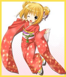 Rule 34 | 1girl, azuma yuki, blonde hair, blush, hair ornament, japanese clothes, kimono, open mouth, original, solo, wink