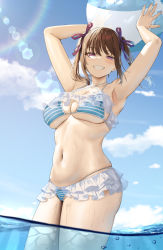 Rule 34 | 1girl, armpits, arms up, ball, beachball, bikini, blue sky, blush, breasts, brown hair, clenched teeth, commentary request, day, grin, hair ornament, hair ribbon, highres, holding, holding ball, holding beachball, in water, large breasts, looking at viewer, medium hair, navel, oekakizuki, original, outdoors, parted lips, partially submerged, purple eyes, purple ribbon, ribbon, skindentation, sky, smile, solo, striped bikini, striped clothes, swimsuit, teeth, thighs, twintails girl (oekakizuki), underboob, wading, water, wet