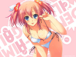 Rule 34 | 1girl, :p, barefoot, bikini, bikini tan, blue eyes, breasts squeezed together, breasts, cleavage, flower, large breasts, leaning forward, pink hair, red hair, short hair, side-tie bikini bottom, solo, string bikini, swimsuit, tan, tanline, tomose shunsaku, tongue, tongue out, twintails