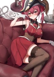 Rule 34 | 1girl, absurdres, ascot, bare arms, black hat, breasts, brown thighhighs, cleavage, couch, cup, drinking glass, eyepatch, gloves, hair between eyes, hat, highres, hololive, houshou marine, jacket, large breasts, lying, on couch, on side, pharamacom, pirate hat, red ascot, red hair, red jacket, red skirt, see-through, see-through cleavage, skirt, sleeveless, sleeveless jacket, solo, thighhighs, twintails, unworn eyepatch, virtual youtuber, white gloves