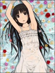 Rule 34 | 1girl, armpits, arms up, bare shoulders, black eyes, black hair, collarbone, dress, female focus, flower, highres, long hair, lying, okiru, on back, open mouth, original, plant, solo, submerged, sundress, water, wet, wet clothes